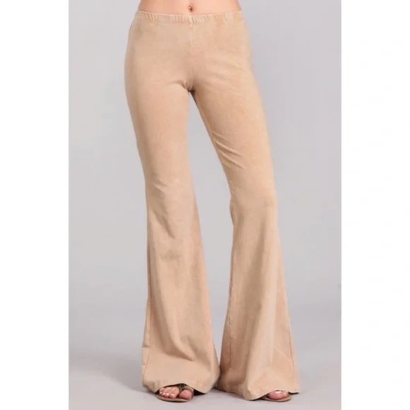 Beige Boho Mineral Wash Stretch Flared Bell Bottom Casual Pants - Picture 2 of 6